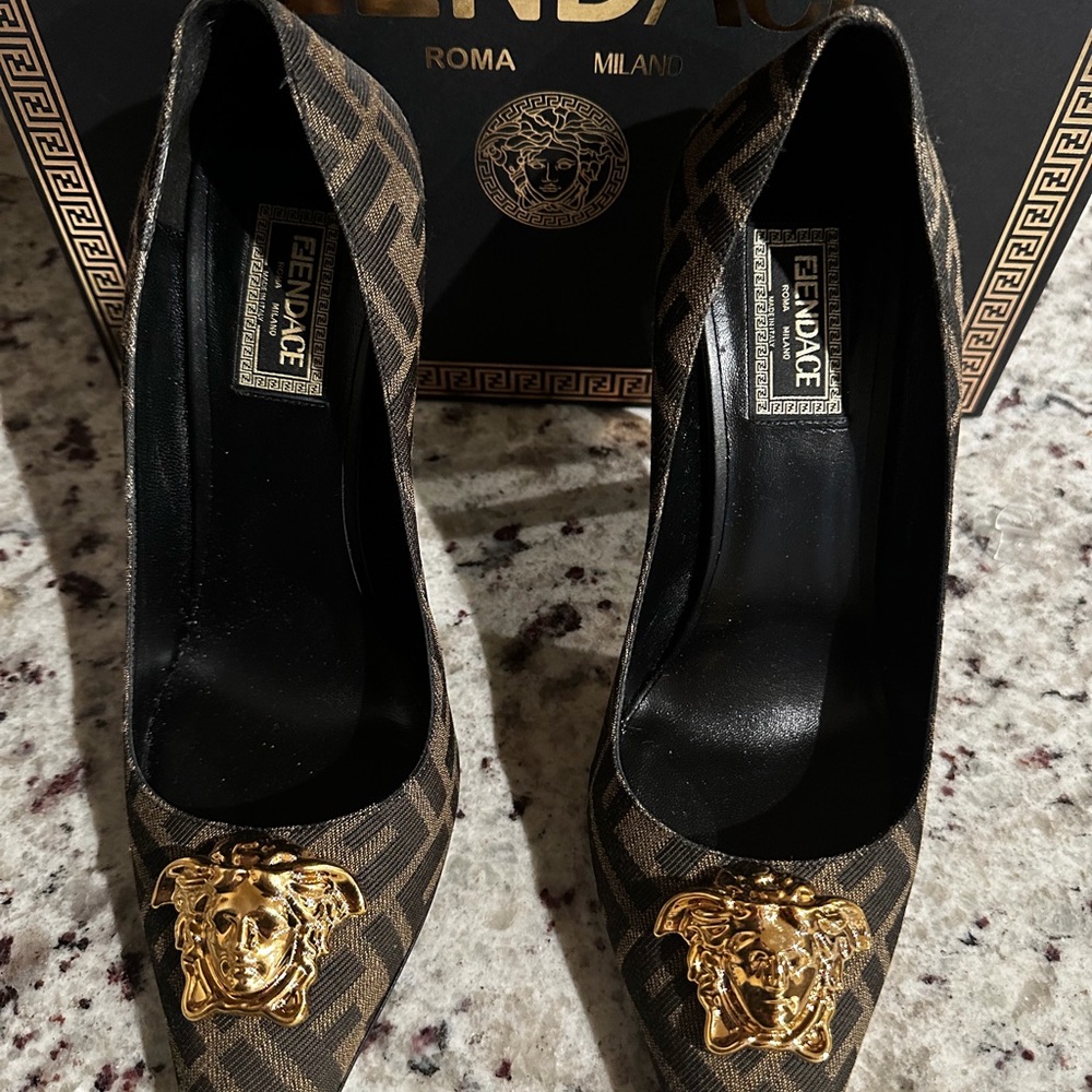 Fendi Versace collab (FENDACE) Brown and Gold Heels - Picture 3 of 16